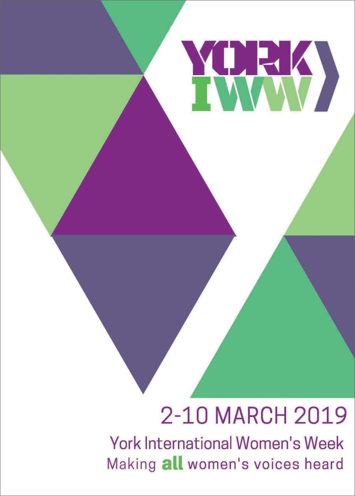 YIWW2019 Programme cover. Purple and green triangle image on white background. Text: YIWW2019 2-10 March York International Women's Week Making *all* Women's Voices Heard.