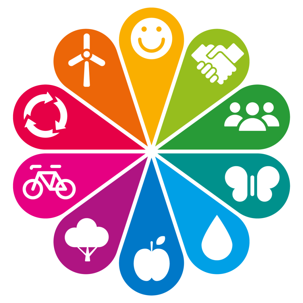 One Planet logo: stylised round flower of 10 petals in different colours, with each petal having an image for each of the 10 One Planet principles 